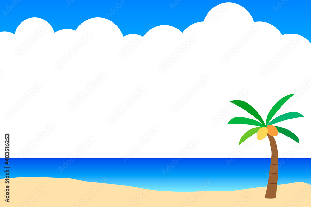 文字を入れられるように、雲の白いスペースがある南の島のビーチのイラスト。
