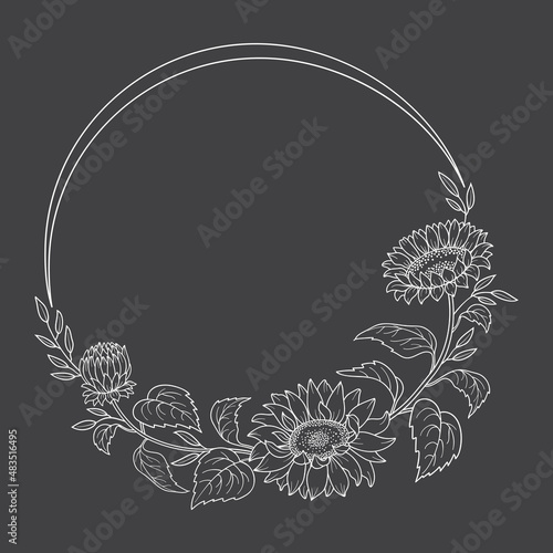 White wreath with sunflower in botanical line art style on black background. Flowers, buds, leaves of sunflowers and the frame in the form of a circle. Hand drawn vector illustration for your design.