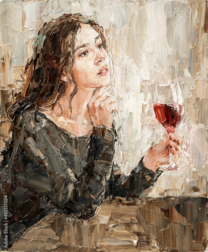 Beautiful attractive young woman  holding a glass of wine. Oil painting on canvas.