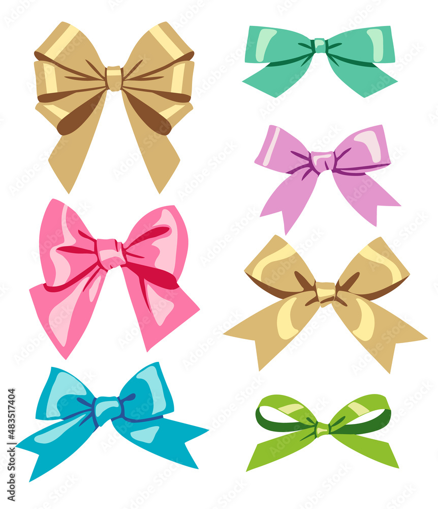 Decorative color bow isolated on white background. New year and holiday decoration set. Vector flat stock illustration.	