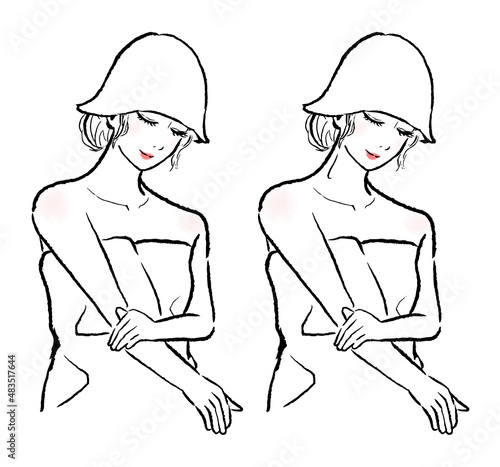 サウナに入る女性のイラスト。下を向いている。ロングヘアでサウナハットをかぶり目を閉じている。