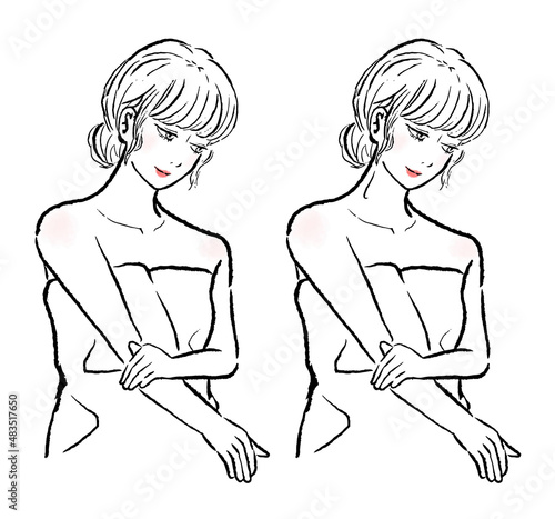 サウナに入る女性のイラスト。ロングヘアで下を向いている。