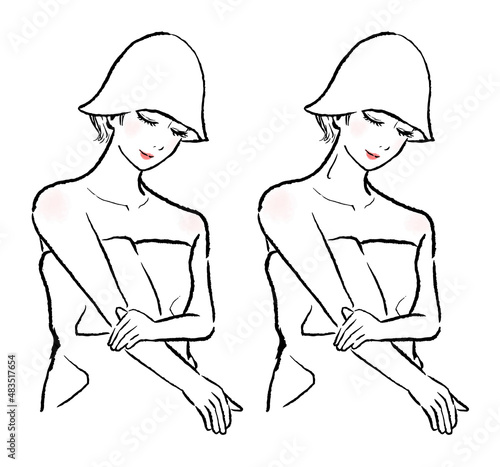 サウナに入る女性のイラスト。下を向いている。ショートヘアでサウナハットをかぶり目を閉じている。