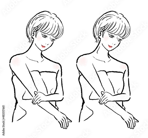 サウナに入る女性のイラスト。ショートヘアで下を向いている。
