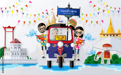 Songkran Festival, Thailand travel concept - The Most Beautiful Places To Visit In Thailand in flat style. ( Translation thai : Songkran )