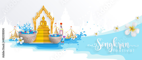 Songkran Festival, Thailand travel concept - The Most Beautiful Places To Visit In Thailand in flat style. ( Translation thai : Songkran )
