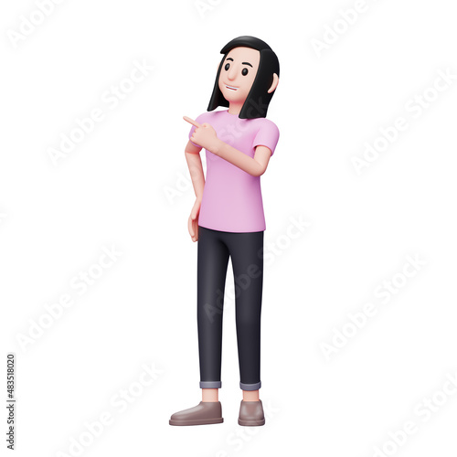 girl pointing choice, right choice pose. 3D render character illustration