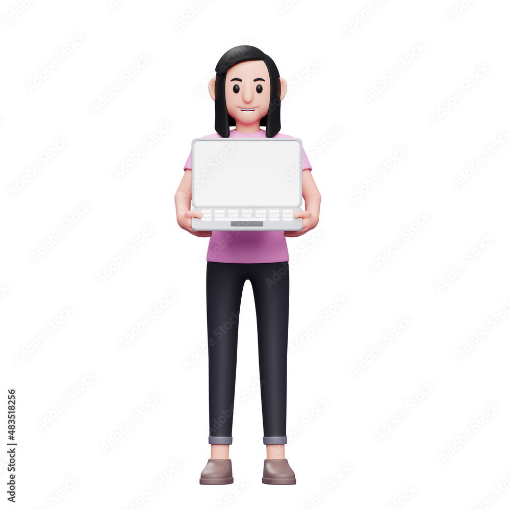 Girl holding laptop with both hands 3d render character illustration Girl holding laptop with both hands 3d render character illustration