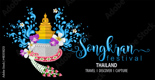 Songkran Festival, Thailand travel concept - The Most Beautiful Places To Visit In Thailand in flat style. ( Translation thai : Songkran )