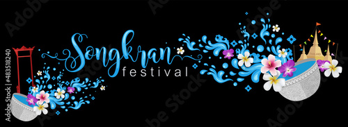Songkran Festival, Thailand travel concept - The Most Beautiful Places To Visit In Thailand in flat style. ( Translation thai : Songkran )