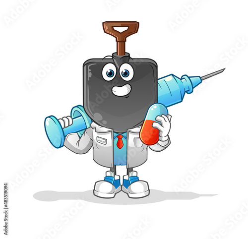 shovel head cartoon doctor holding medichine and injection
