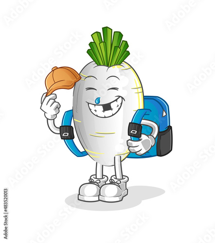 white radish goes to school vector. cartoon character