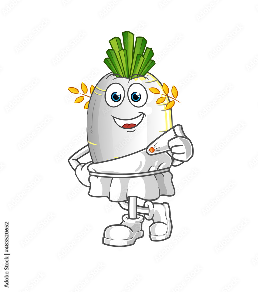 Obraz premium white radish with greek clothing. cartoon mascot vector