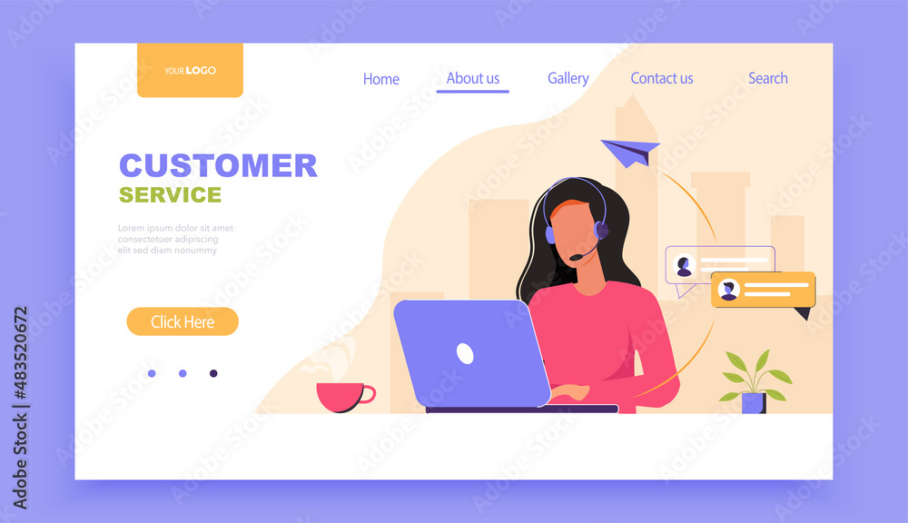 Customer service landing page template. Woman with headphones and microphone with laptop. Concept illustration for online global technical support, help, hotline, call center. Flat vector illustration Customer service landing page template. Woman with headphones and microphone with laptop. Concept illustration for online global technical support, help, hotline, call center. Flat vector illustration