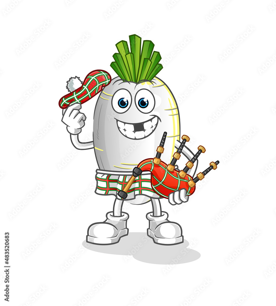 Obraz premium white radish scottish with bagpipes vector. cartoon character