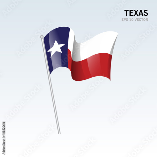 Waving flag of Texas state of United States of America on gray background