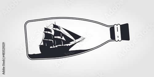 Bottle with small old ship inside icon, vector illustration