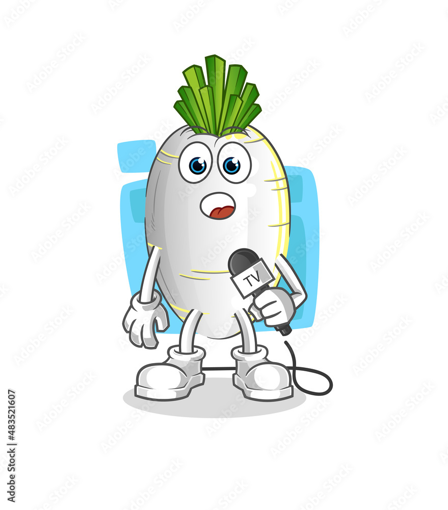 white radish tv reporter cartoon. cartoon mascot vector