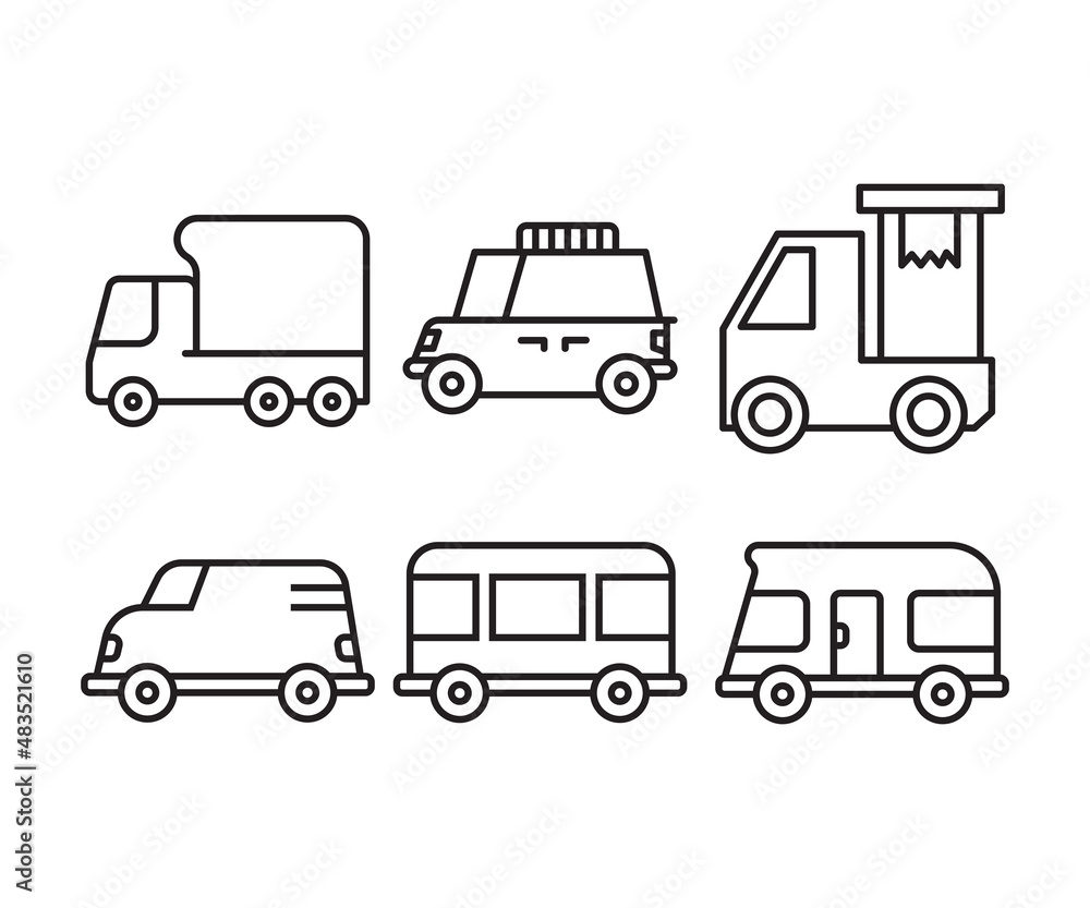 van, lorry truck and car line icons set vector illustration