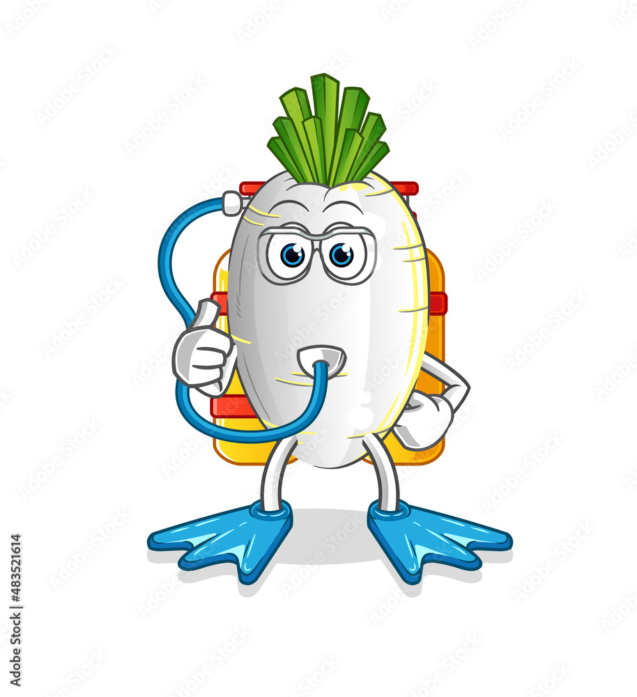 white radish diver cartoon. cartoon mascot vector