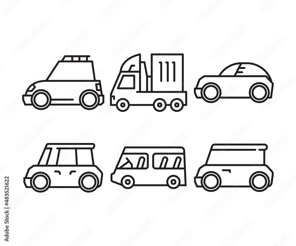 van, lorry truck and car line icons set vector illustration