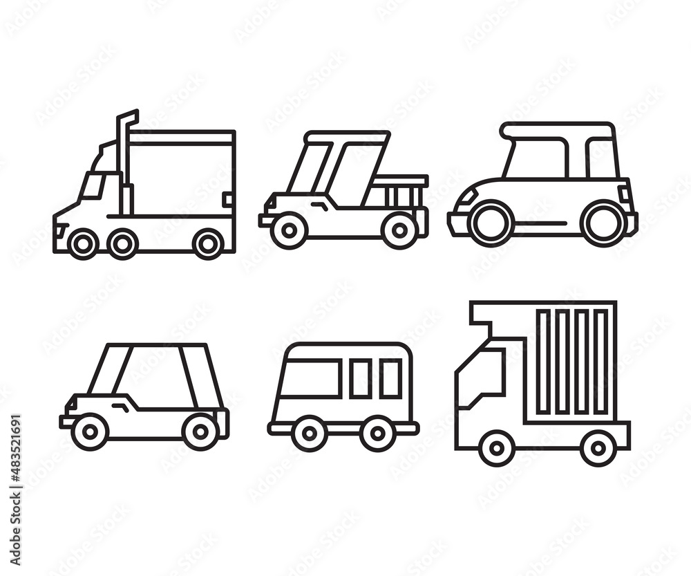 van, lorry truck and car line icons set vector illustration