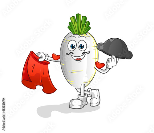 white radish matador with red cloth illustration. character vector