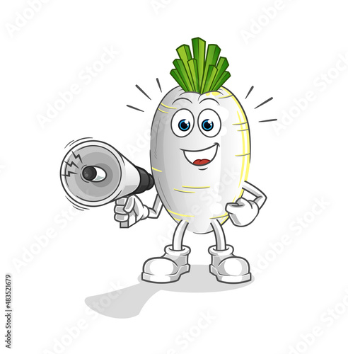 white radish holding hand loudspeakers vector. cartoon character