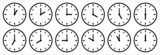 Time and clock icon set. Complete twelve hours pointed clockwise o'clock sharp vector illustration. Analog wall clocks icons set. Thin line designs style.