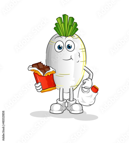white radish eat chocolate mascot. cartoon vector