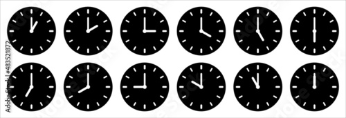 Time and clock icon set. Complete twelve hours pointed clockwise o'clock sharp vector illustration. Analog wall clocks icons set. Black simple flat designs style.
