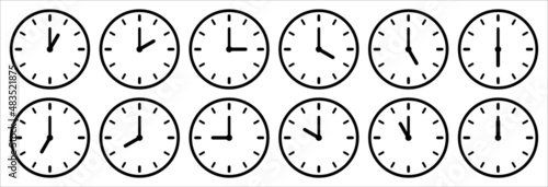 Time and clock icon set. Complete twelve hours pointed clockwise o'clock sharp vector illustration. Analog wall clocks icons set. Thin line designs style. © great19