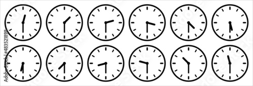 Time and clock icon set. Half past of the clock sign.Complete twelve hours pointed clockwise o'clock vector illustration. Analog wall clocks icons set. Thin line designs style.