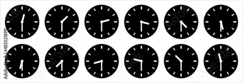 Time and clock icon set. Half past of the clock sign.Complete twelve hours pointed clockwise o'clock vector illustration. Analog wall clocks icons set. Black simple flat designs style.