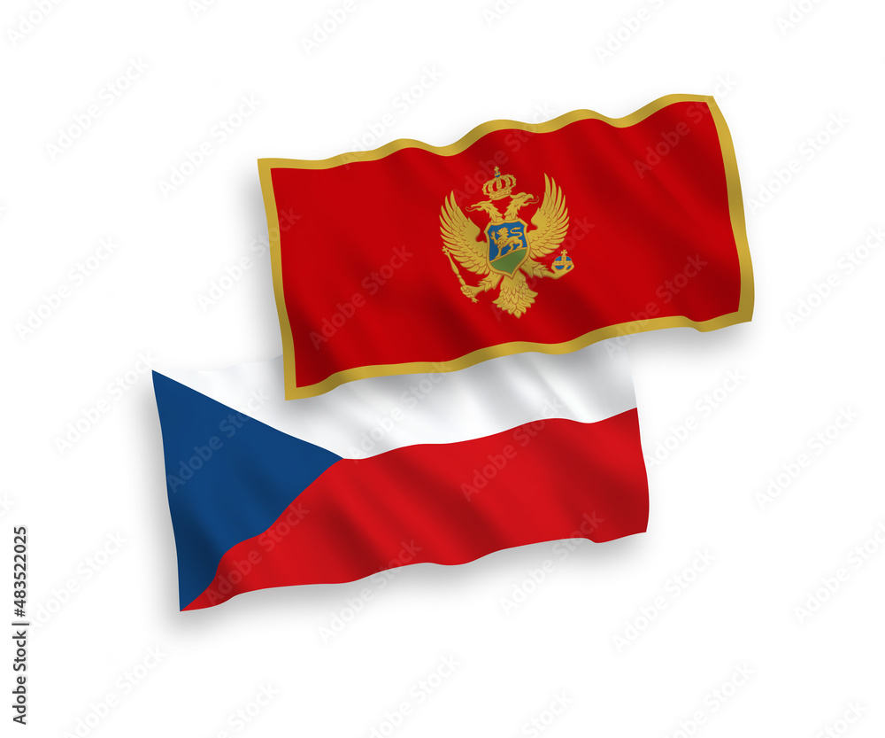 National vector fabric wave flags of Czech Republic and Montenegro isolated on white background. 1 to 2 proportion.