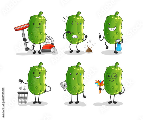 cucumber cleaning group character. cartoon mascot vector