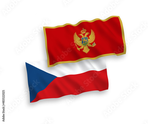 National vector fabric wave flags of Czech Republic and Montenegro isolated on white background. 1 to 2 proportion.