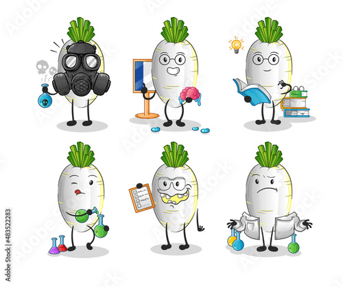 white radish scientist group character. cartoon mascot vector