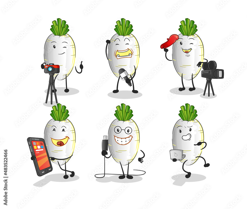 Obraz premium white radish technology group character. cartoon mascot vector