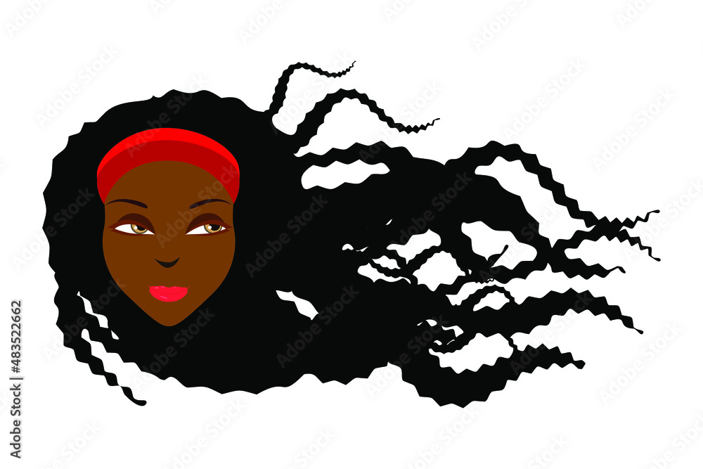 African beauty. Portrait of the young beautiful black woman with curly hair. Color drawing. Template for use. Vector illustration isolated on a white background. African beauty. Portrait of the young beautiful black woman with curly hair. Color drawing. Template for use. Vector illustration isolated on a white background.