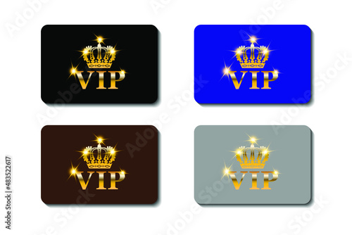 VIP card template. Four cards of different colors black, blue gray and brown with gold inscription and crown on a white background, vector illustration
