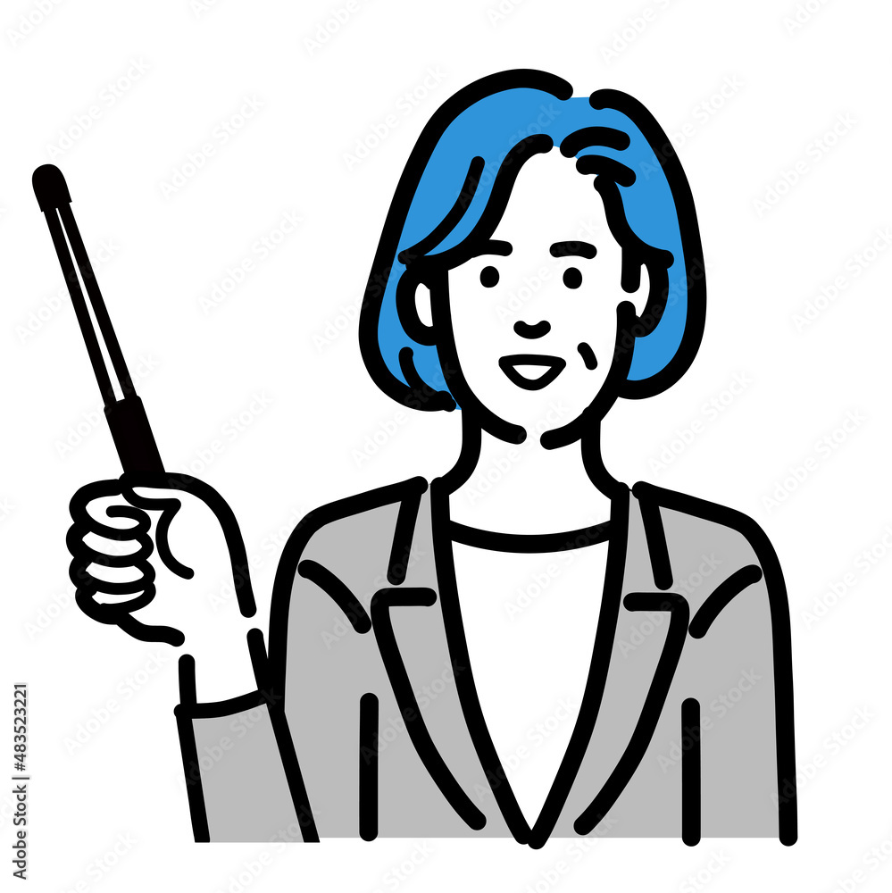 指し棒で解説をしているグレーのスーツを着た中年女性
指し棒で解説をしているグレーのスーツを着た中年女性