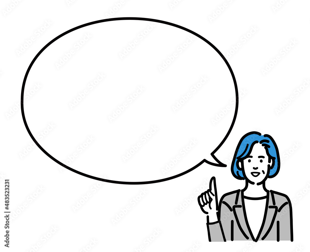 吹き出しで説明するグレーのスーツを着た中年女性
