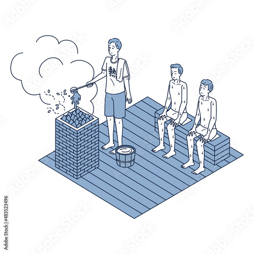 ロウリュをする男性熱波師のアイソメイラスト