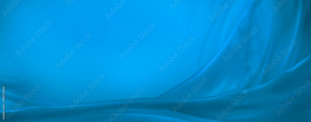Fototapeta premium Blue color velvet curtain. Abstract Textile Panoramic Background Soft Cloth 3d Illustration