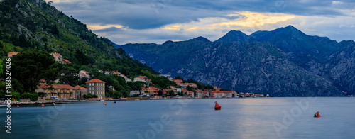 Panorama of Kotor Bay or Boka Kotorska with mountains in Montenegro at sunset