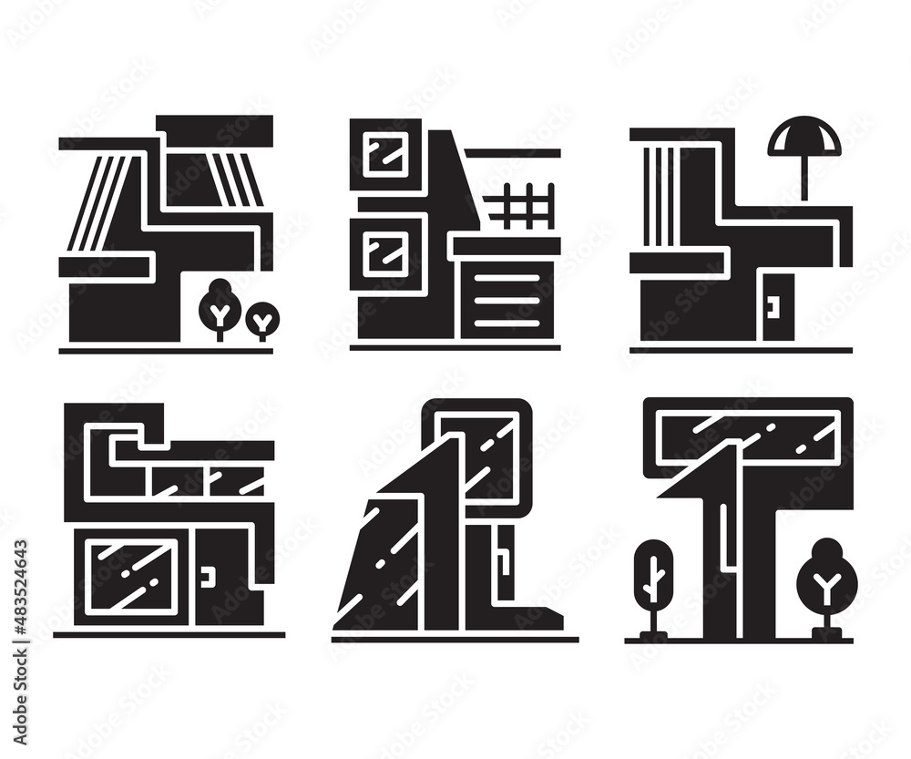 modern building, house, office and condo icons vector set modern building, house, office and condo icons vector set