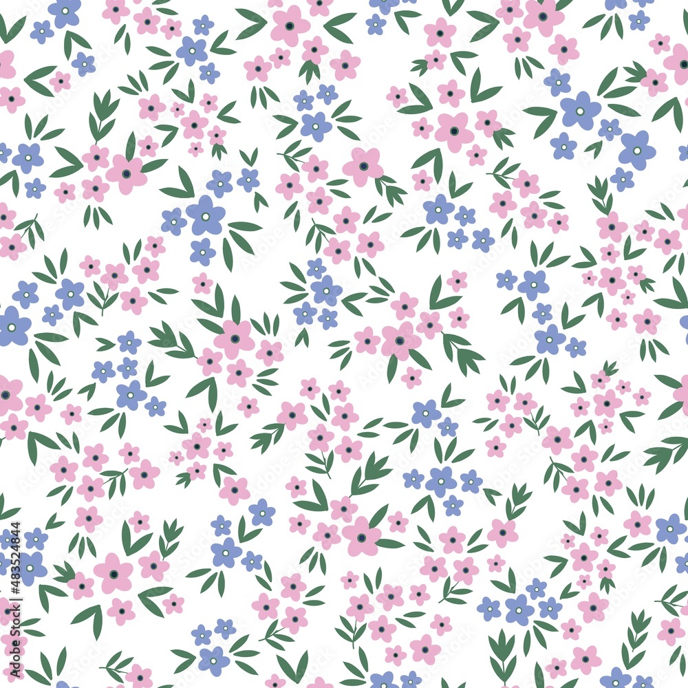 Seamless vintage pattern. Small pink and blue flowers, green leaves. White background. vector texture. fashionable print for textiles, wallpaper and packaging.