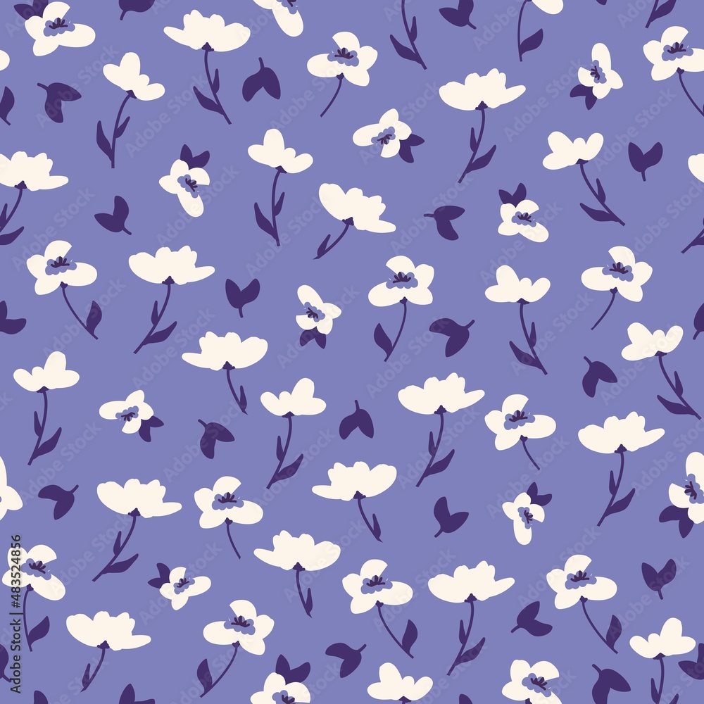 Seamless vintage pattern. White flowers, purple leaves. Lilac background. vector texture. fashionable print for textiles, wallpaper and packaging.