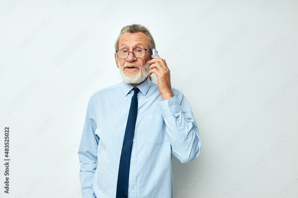 old man telephone communication glasses official light background old man telephone communication glasses official light background